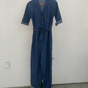 Long denim jumpsuit.
